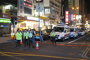 Police at the Mongkok Umbrella Movement occupation site, Nathan Road, 24 November 2014