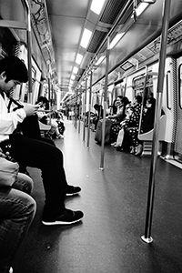 Inside a carriage of an MTR train, on the Hong Kong Island line, 14 December 2014