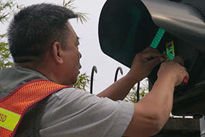 Removing a sticker from a traffic light, on the final day of the Admiralty Umbrella Movement occupation site, Harcourt Road, 11 December 2014