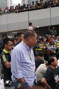 Entrepreneur Jimmy Lai at the Admiralty Umbrella Movement occupation site on its last day, Harcourt Road, 11 December 2014