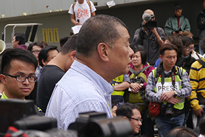 Entrepreneur Jimmy Lai at the Admiralty Umbrella Movement occupation site on its last day, Harcourt Road, 11 December 2014