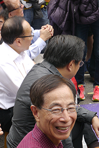 Martin Lee at the Admiralty Umbrella Movement occupation site on its final day, Harcourt Road, 11 December 2014