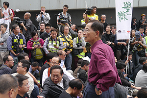 Martin Lee at the Admiralty Umbrella Movement occupation site on its final day, Harcourt Road, 11 December 2014