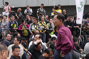 Martin Lee at the Admiralty Umbrella Movement occupation site on its final day, Harcourt Road, 11 December 2014