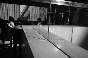 Light and shadows on an overhead walkway to the IFC mall, 16 December 2014
