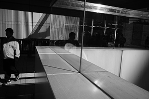 Light and shadows on an overhead walkway to the IFC mall, 16 December 2014