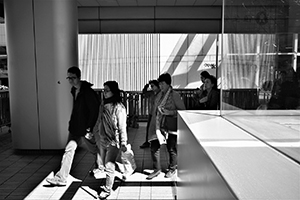 Light and shadows on an overhead walkway to the IFC mall, 16 December 2014