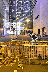 Barricade at the Central Umbrella Movement occupation site, Connaught Road Central, 10 December 2014