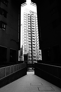 Residential building, viewed between two residential buildings, Hollywood Road, Hong Kong Island, 24 January 2015