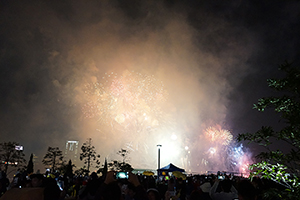 Fireworks on New Year's Eve, view from Tamar Park, Admiralty, 1 January 2015