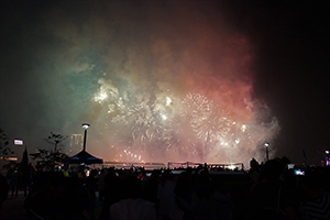 Fireworks on New Year's Eve, view from Tamar Park, Admiralty, 1 January 2015