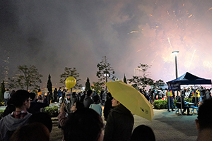 Fireworks on New Year's Eve, view from Tamar Park, Admiralty, 1 January 2015