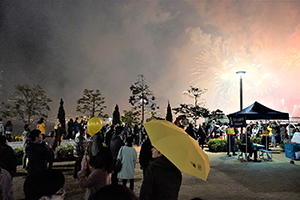 Fireworks on New Year's Eve, view from Tamar Park, Admiralty, 1 January 2015