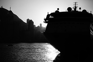 Cruise ship at Ocean Terminal, with Hong Kong Island skyline behind, Tsim Sha Tsui, 14 January 2015