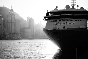 Cruise ship at Ocean Terminal, with Hong Kong Island skyline behind, Tsim Sha Tsui, 14 January 2015