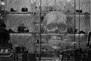 Shop window display with 'jeweled' skull, Central, 31 January 2015