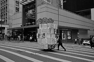 Woman pushing a cart loaded with styrofoam boxes, Queen's Road Central, 31 January 2015
