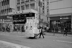 Woman pushing a cart loaded with styrofoam boxes, Queen's Road Central, 31 January 2015