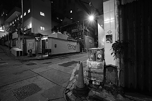 Street scene at night at the junction of Pound Lane and Tai Ping Shan Street, Tai Ping Shan, 23 February 2015
