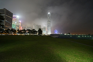 IFC 2, the Observation Wheel and other buildings viewed from Tamar Park at night, 25 February 2015