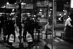 Street scene at night at the junction of Des Voeux Road West and Bonham Strand West, Sheung Wan, 3 February 2015
