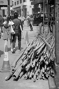 Bamboo poles for scaffolding use, Hillier Street, Sheung Wan, 7 February 2015