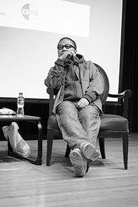 Film director Fruit Chan being interviewed, Rayson Huang Theatre, HKU, Pokfulam, 17 February 2015