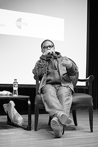 Film director Fruit Chan being interviewed, Rayson Huang Theatre, HKU, Pokfulam, 17 February 2015