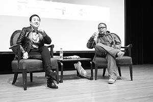 Film director Fruit Chan being interviewed by Mirana Szeto, Rayson Huang Theatre, HKU, Pokfulam, 17 February 2015