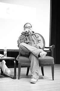 Film director Fruit Chan being interviewed, Rayson Huang Theatre, HKU, Pokfulam, 17 February 2015