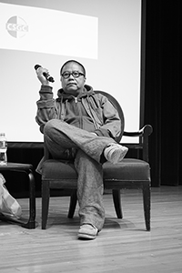 Film director Fruit Chan being interviewed, Rayson Huang Theatre, HKU, Pokfulam, 17 February 2015