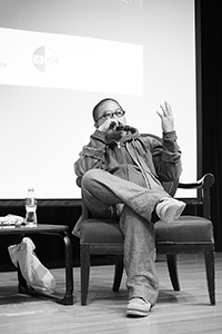 Film director Fruit Chan being interviewed, Rayson Huang Theatre, HKU, Pokfulam, 17 February 2015