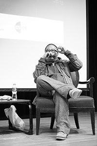 Film director Fruit Chan being interviewed, Rayson Huang Theatre, HKU, Pokfulam, 17 February 2015