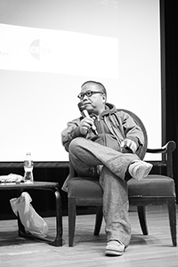 Film director Fruit Chan being interviewed, Rayson Huang Theatre, HKU, Pokfulam, 17 February 2015