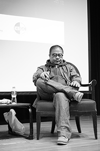 Film director Fruit Chan being interviewed, Rayson Huang Theatre, HKU, Pokfulam, 17 February 2015