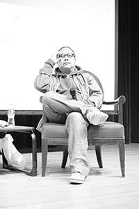 Film director Fruit Chan being interviewed, Rayson Huang Theatre, HKU, Pokfulam, 17 February 2015