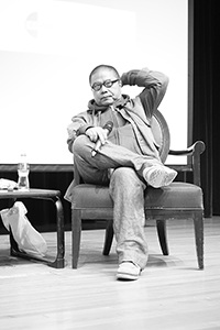 Film director Fruit Chan being interviewed, Rayson Huang Theatre, HKU, Pokfulam, 17 February 2015