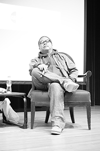 Film director Fruit Chan being interviewed, Rayson Huang Theatre, HKU, Pokfulam, 17 February 2015