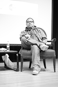 Film director Fruit Chan being interviewed, Rayson Huang Theatre, HKU, Pokfulam, 17 February 2015