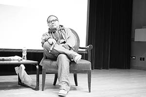 Film director Fruit Chan being interviewed, Rayson Huang Theatre, HKU, Pokfulam, 17 February 2015