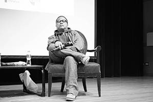 Film director Fruit Chan being interviewed, Rayson Huang Theatre, HKU, Pokfulam, 17 February 2015