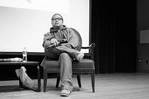 Film director Fruit Chan being interviewed, Rayson Huang Theatre, HKU, Pokfulam, 17 February 2015