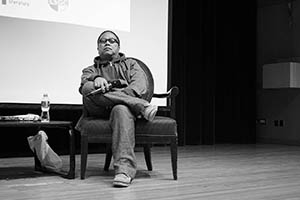 Film director Fruit Chan being interviewed, Rayson Huang Theatre, HKU, Pokfulam, 17 February 2015