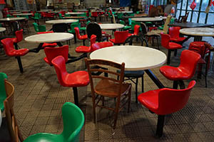 Empty tables and closed restaurants due to Lunar New Year holiday, Pei Ho Street Cooked Food Centre, Sham Shui Po, 21 February 2015