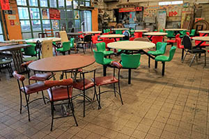 Empty tables and closed restaurants due to the Lunar New Year holiday, Pei Ho Street Cooked Food Centre, Sham Shui Po, 21 February 2015