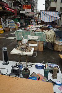 A small Guanyin statue and other used items being sold on the street, Sham Shui Po, 21 February 2015