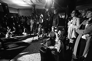 Watching a performance at an Art Basel afterparty, Grand Hyatt, Wanchai, 13 March 2015