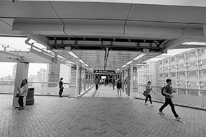 Overhead walkway linking the HKU campus and a lift tower providing access to the HKU MTR station, Pokfulam, 18 March 2015