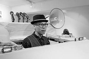 Kacey Wong at the opening of his exhibition, Amelia Johnson Contemporary, Central, 4 March 2015