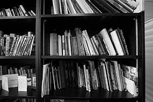 Books and cards on a bookshelf, Run Run Shaw Tower, HKU, 5 March 2015